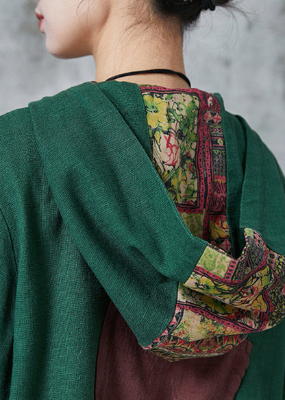Green Chinese Button Patchwork Cotton Two Piece Set Spring