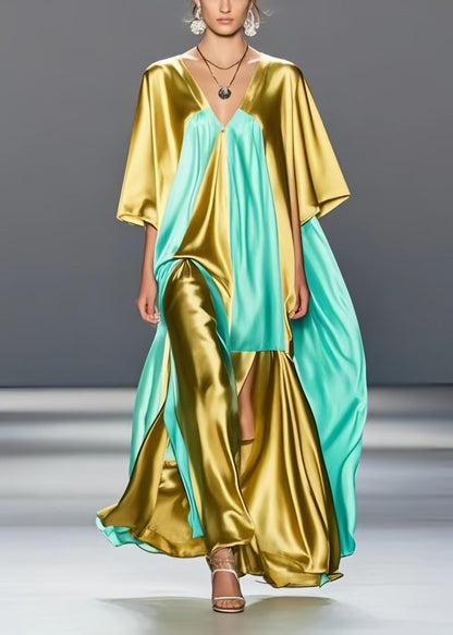 Grass Green Asymmetrical Patchwork Silk Maxi Dresses Summer