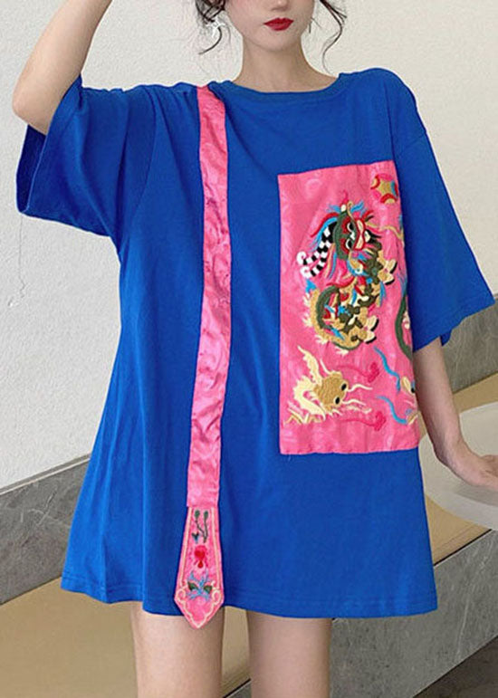 Blue Loose Top O-neck Asymmetrical Half Sleeve