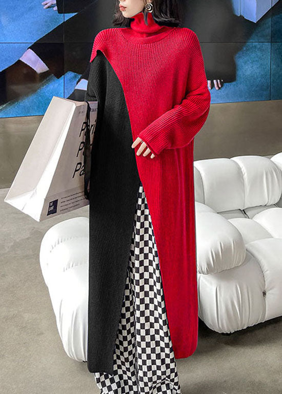 Blue Asymmetrical Design Turtle Neck Knit Holiday Dress Spring