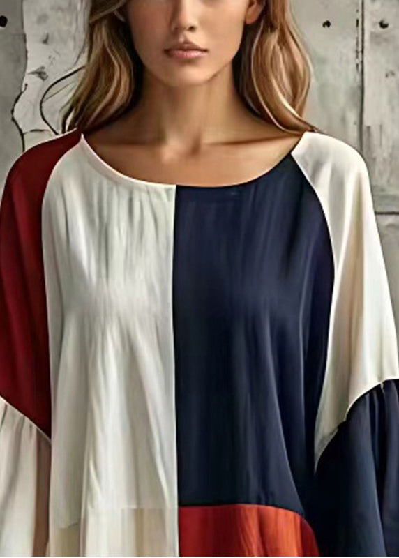 Colorblock Patchwork Cotton Beach Dress Flare Sleeve