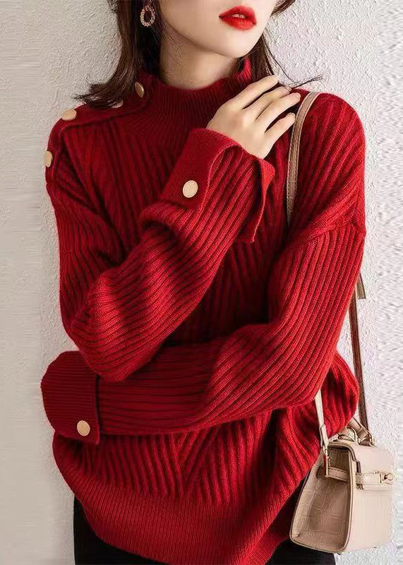 Red Stand Collar Thick Patchwork Knit Pullover Fall