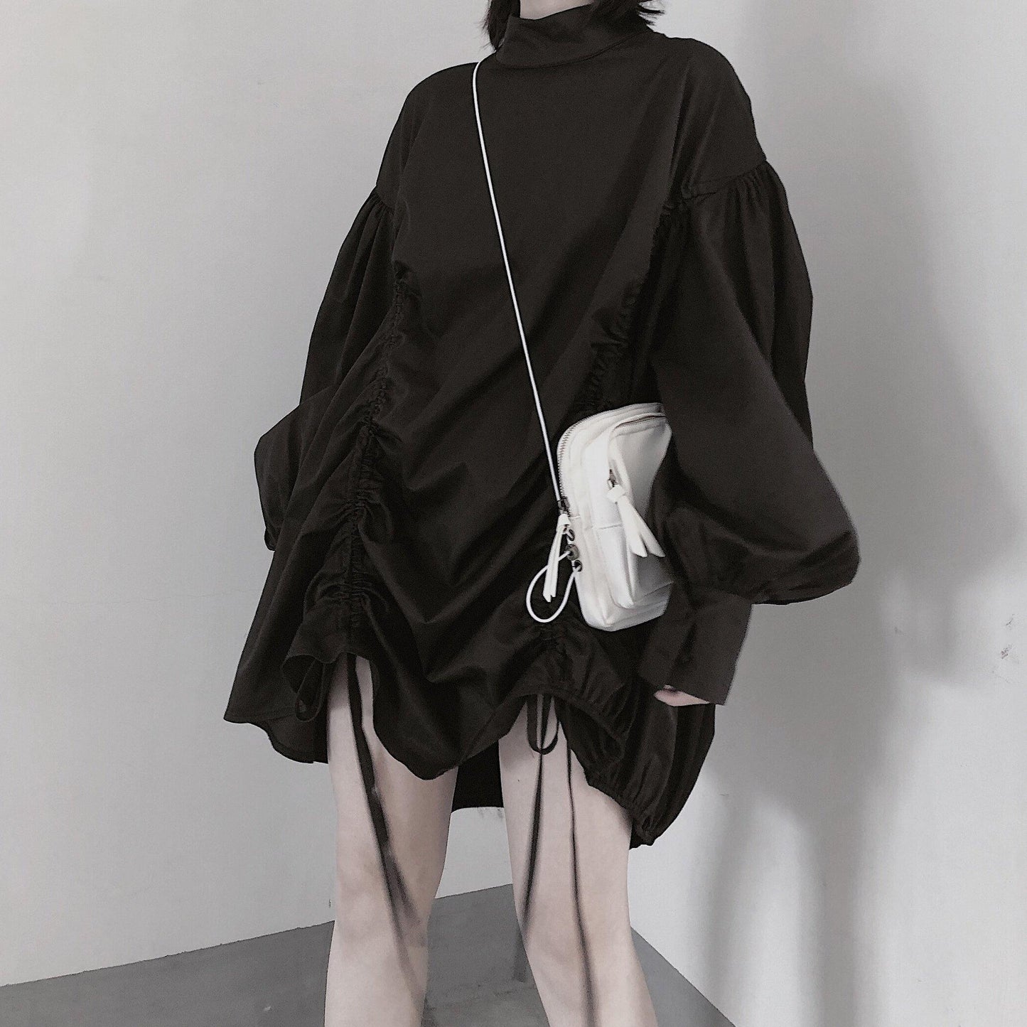 Classy O Neck Drawstring Tunics Sleeve Black Dress