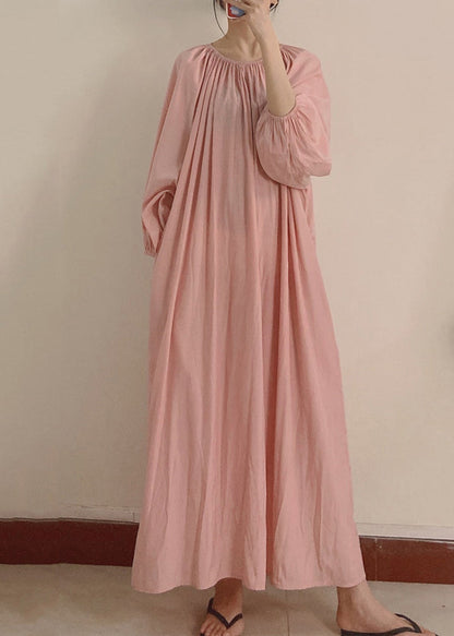 Pink Wrinkled Pockets Maxi Dress Long Sleeve
