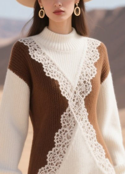 Colorblock Patchwork Lace Sweater Dress Winter