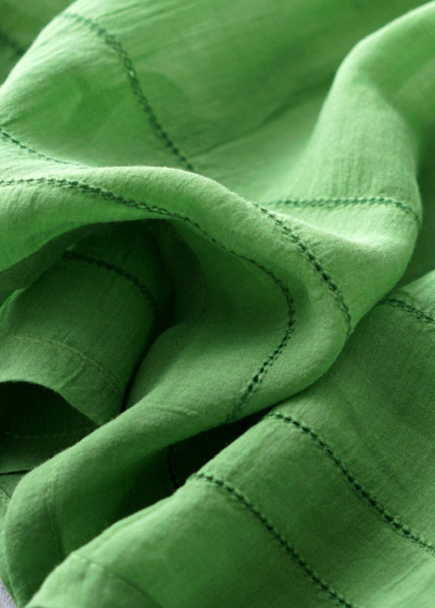 New Green V Neck Linen Long Dress Bracelet Sleeve