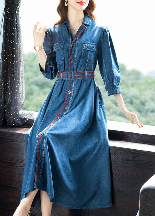 Blue Peter Pan Collar Button Sashes Embroideried Cotton Vacation Dresses Three Quarter Sleeve