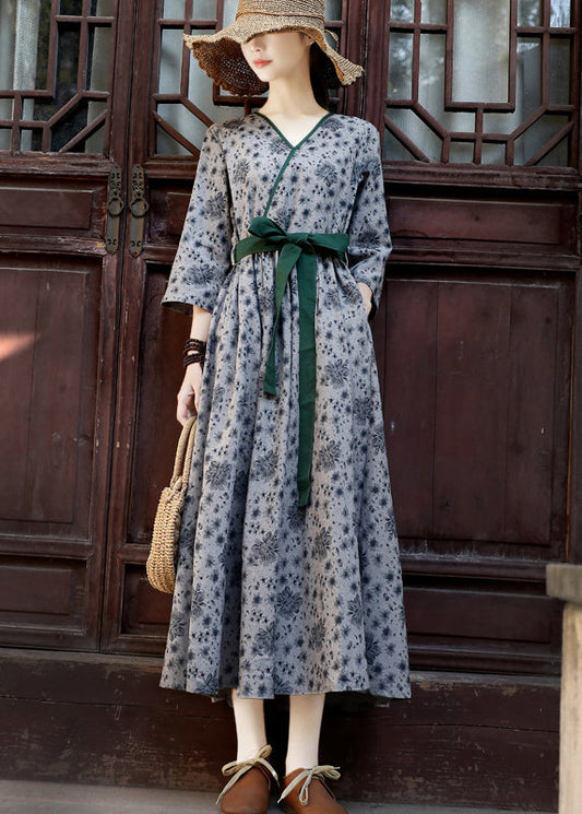 Green Tie Waist Print Linen Long Dress Three Quarter Sleeve