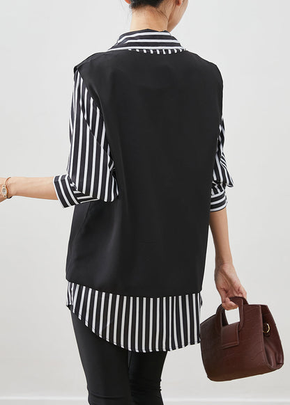 Classy Black Oversized Striped Cotton Vest and Shirt Two Piece Set Fall