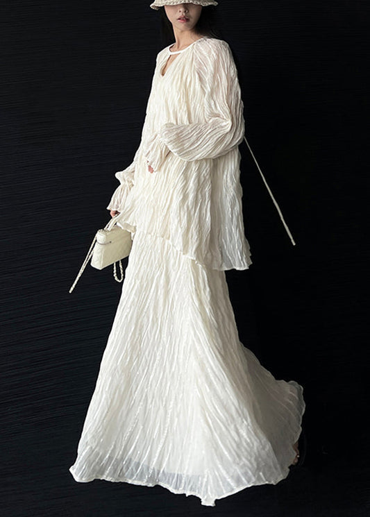 Fitted Beige O-neck Wrinkled Top and a Line Skirts Two Pieces Set Lantern Sleeve