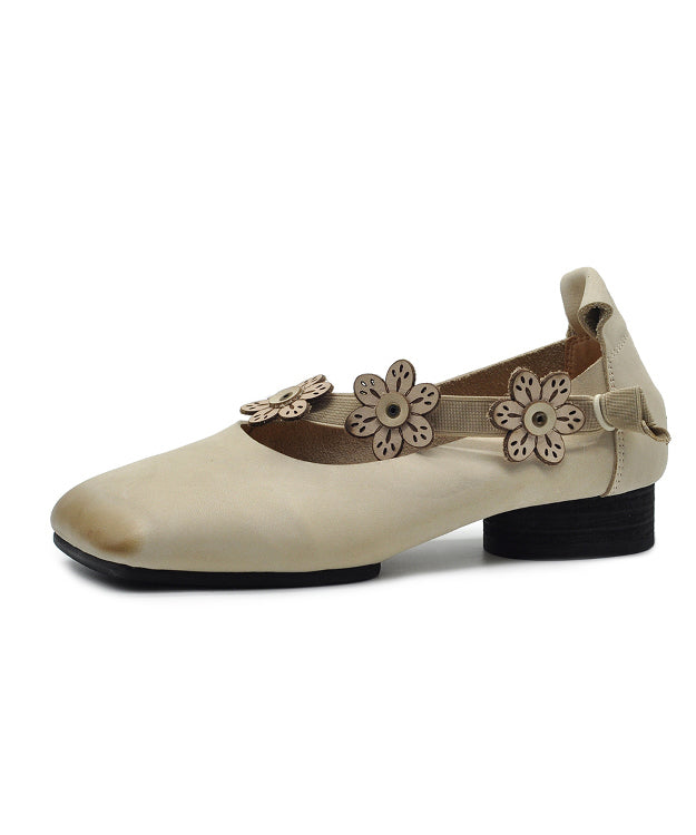Handmade Splicing Chunky Shoes Beige Cowhide Leather