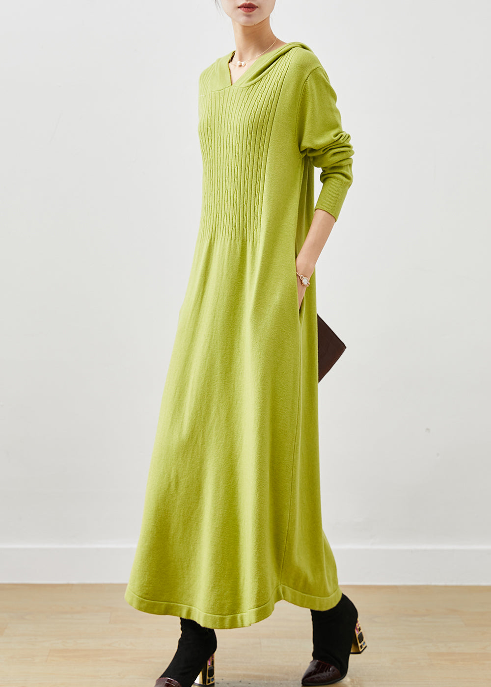 Fluorescent Green Hooded Knit Dress Spring