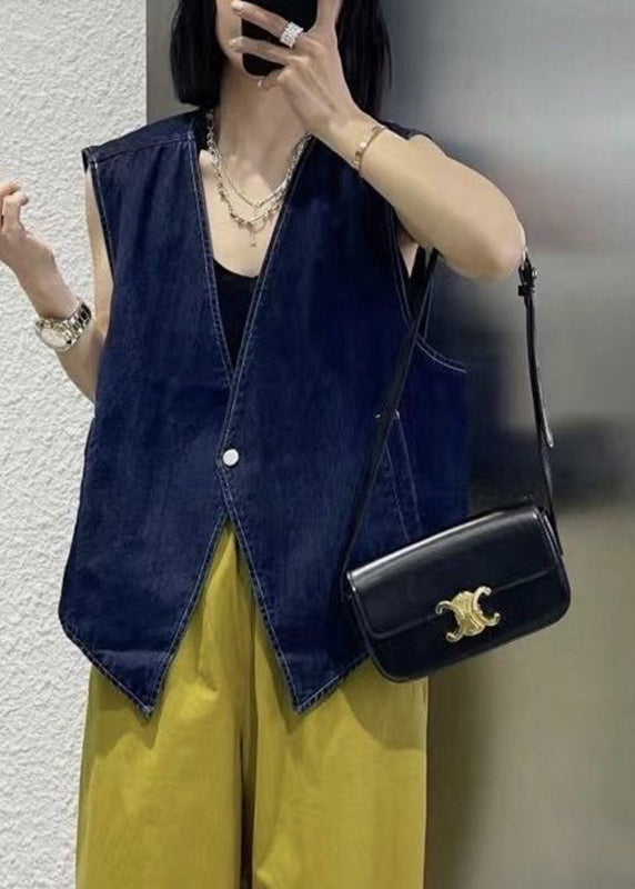 Navy Patchwork Button Denim Waistcoat Sleeveless