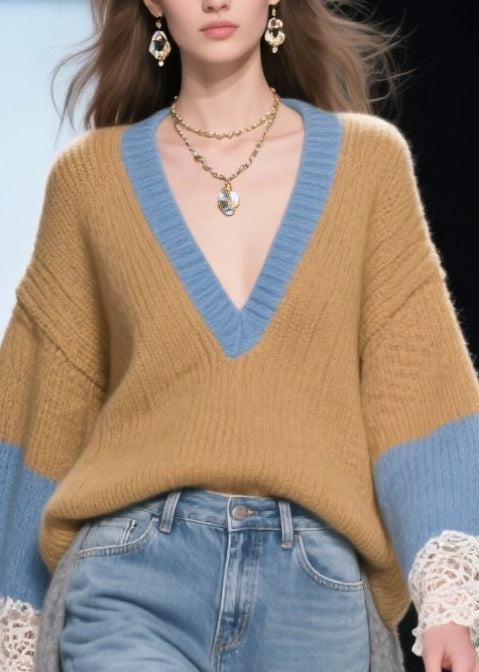 Brown Low High Design Patchwork Long Sweaters Winter