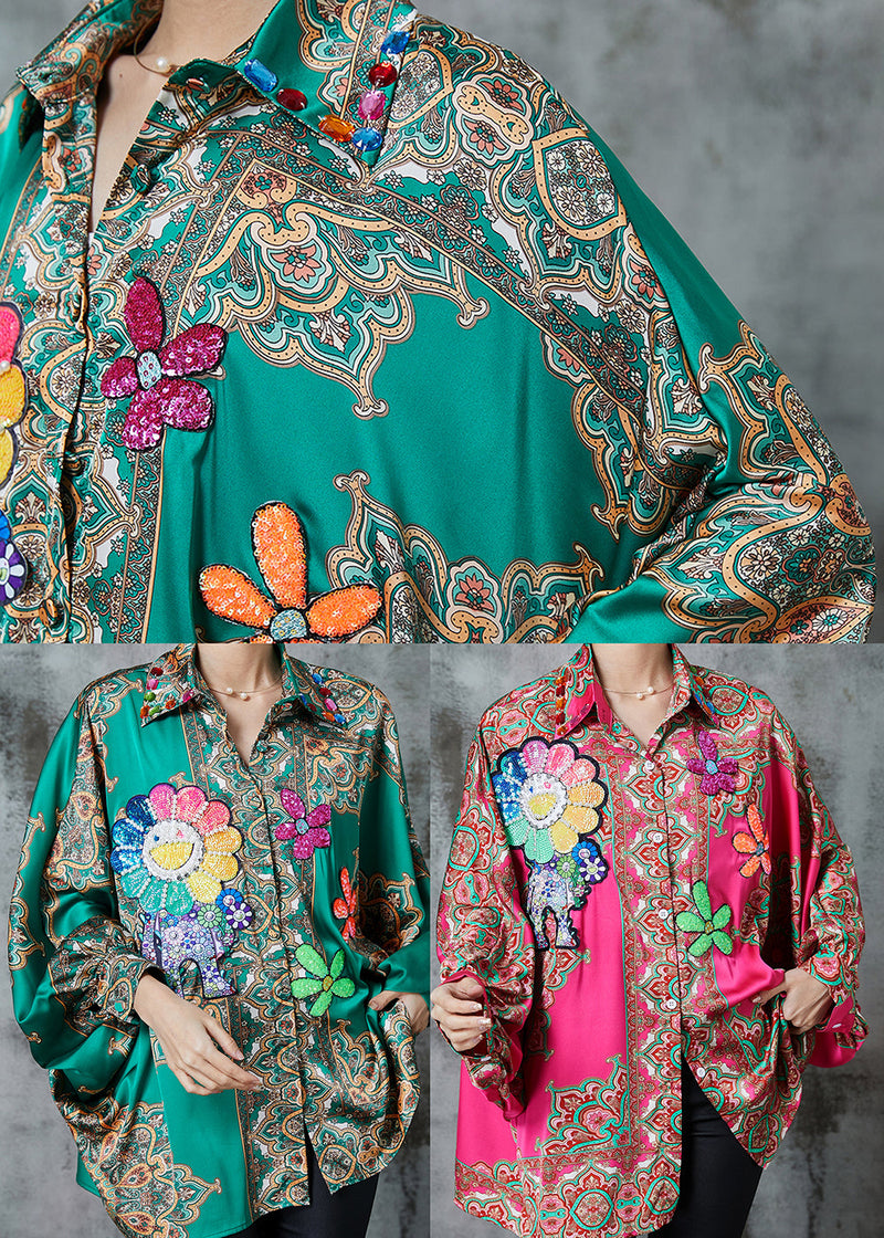 Green Oversized Print Chiffon Top Spring
