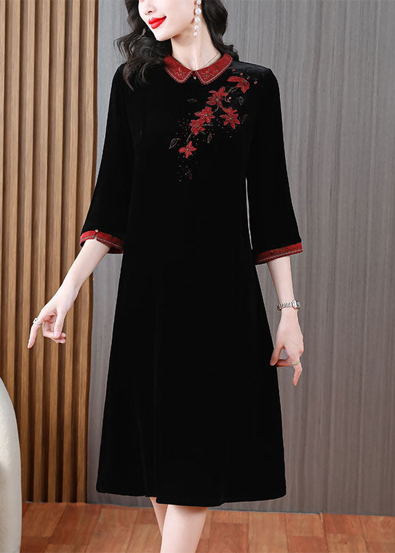 Green Peter Pan Collar Embroideried Silk Velour Long Dress Long Sleeve