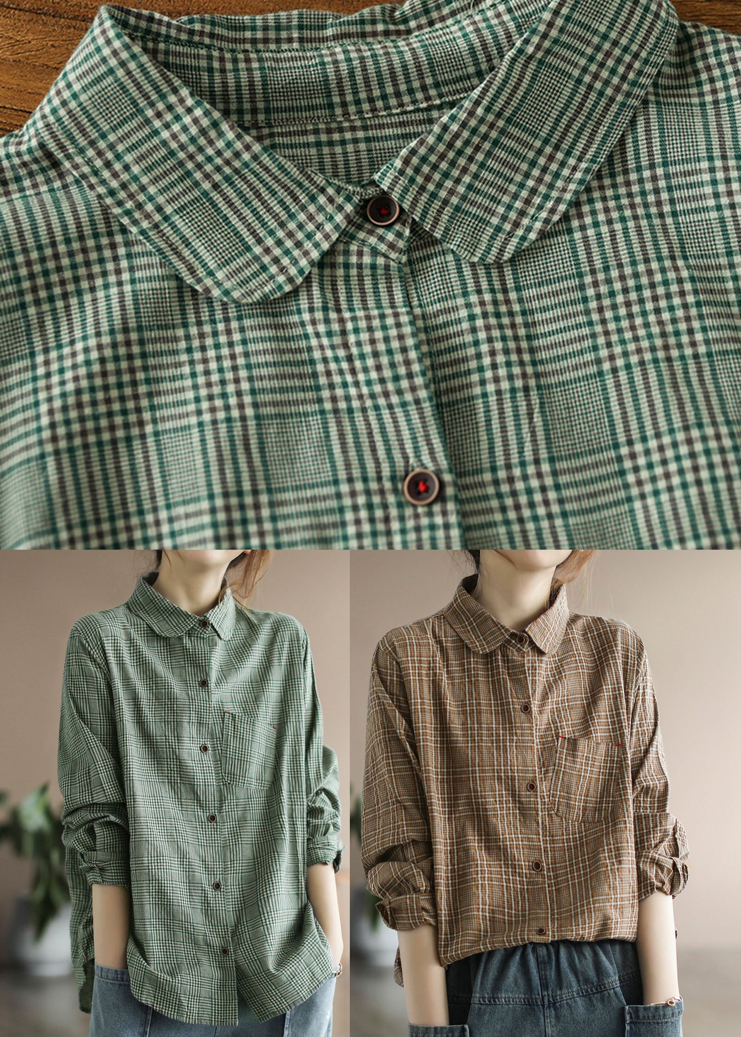 Green Button Peter Pan Collar Cotton Shirt Tops Long Sleeve