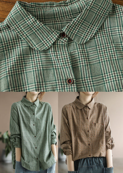 Green Button Peter Pan Collar Cotton Shirt Tops Long Sleeve