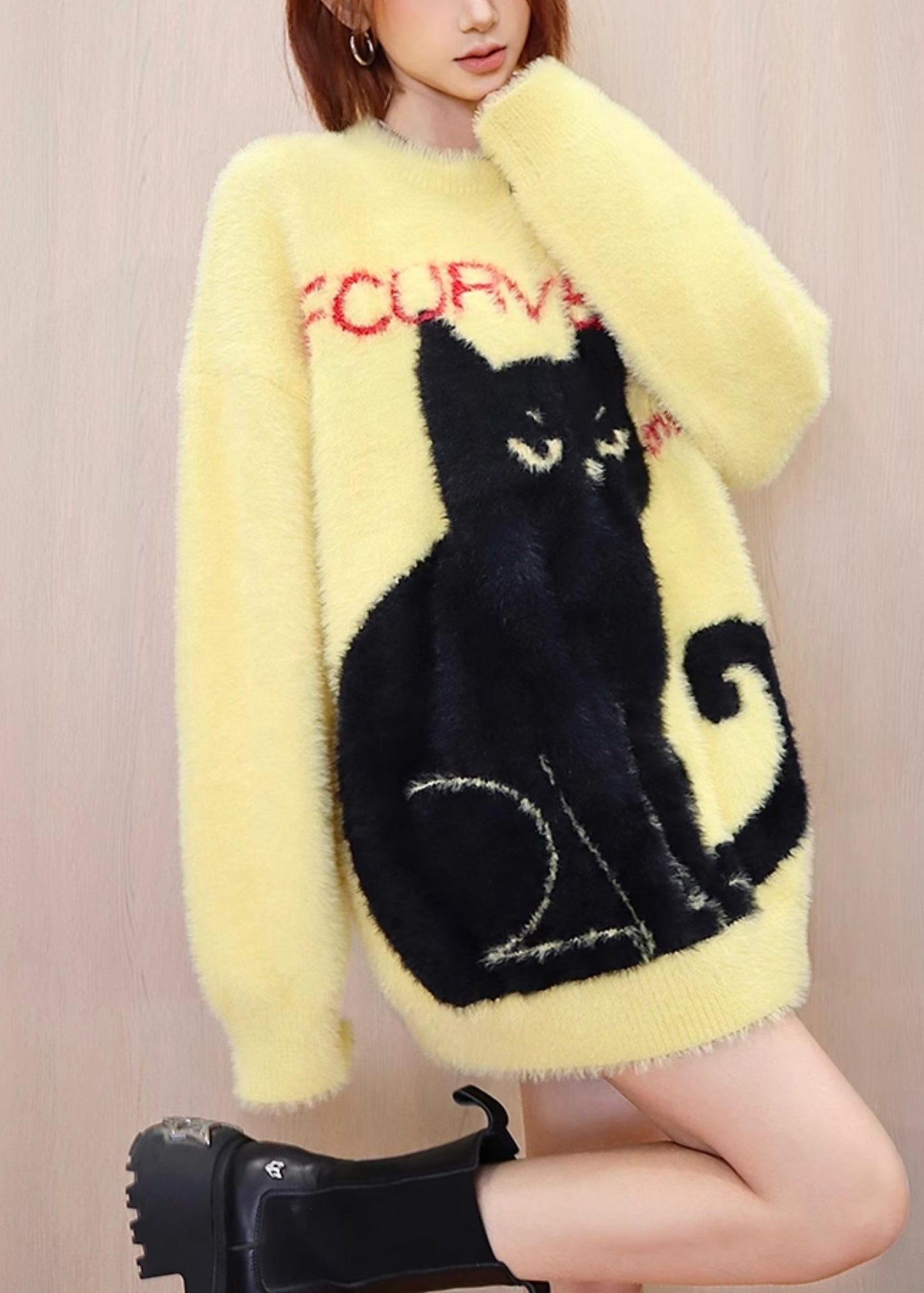 Diy Yellow O Neck Animal Mink Hair Knitted Sweater Tops Spring