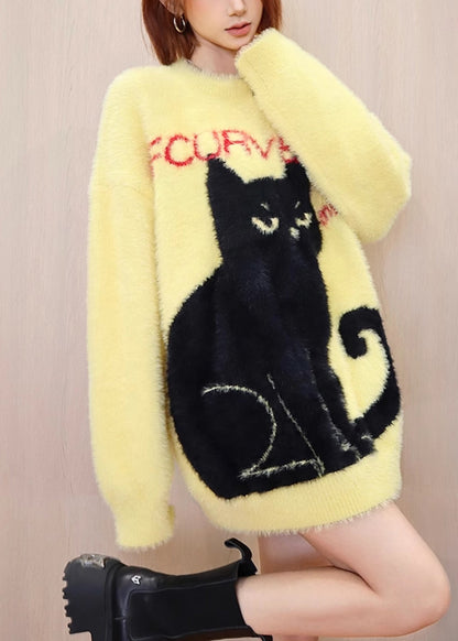 Diy Yellow O Neck Animal Mink Hair Knitted Sweater Tops Spring