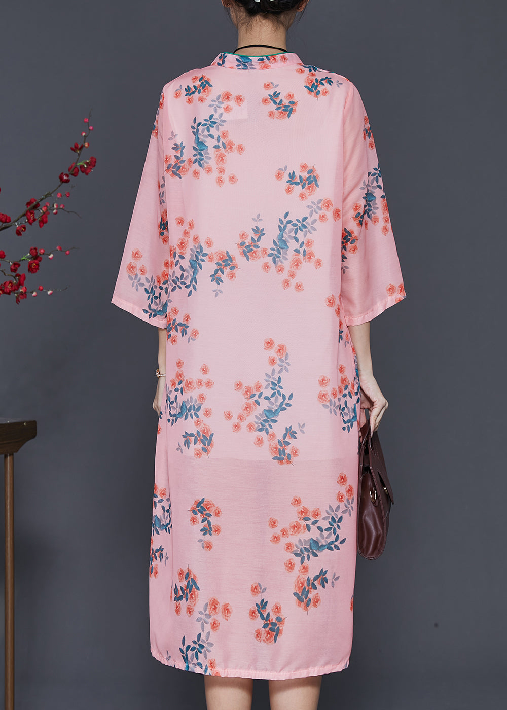 Pink Print Oriental Linen Holiday Dress Summer