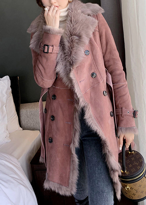 Classy Pink Fur Collar Tie Waist Leather and Fur Coats Winter