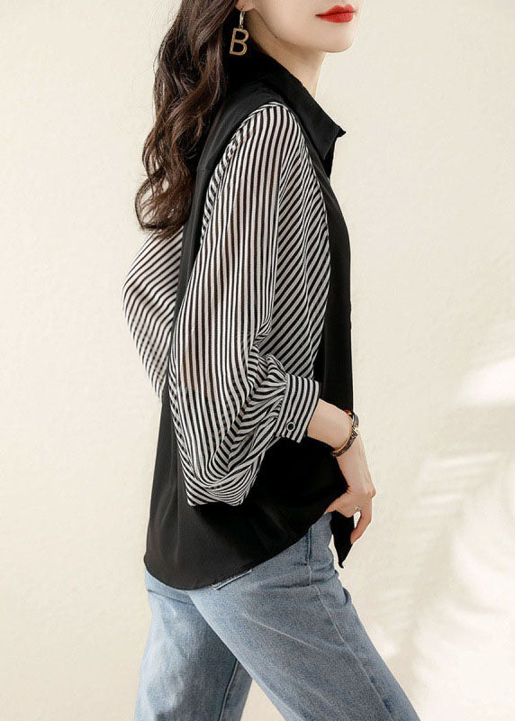 Modern Black Button Peter Pan Collar Striped Patchwork Shirt Top Long Sleeve