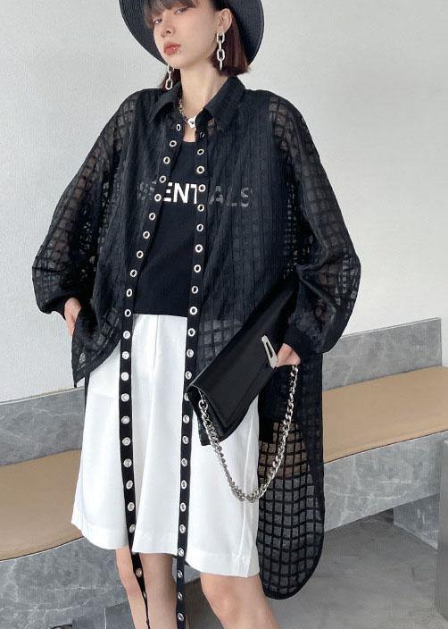 Natural Black Peter Pan Collar Low High Design Long Sleeve Shirt Top Summer