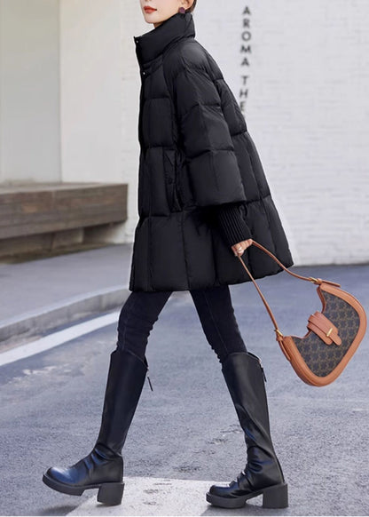 Black Stand Collar Drawstring Duck Down Puffer Jacket Winter