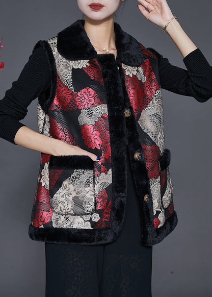 Red Print Thick Fine Cotton Filled Vests Winter
