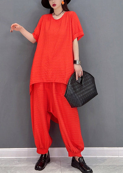 Red Linen Top and Harem Pants Two Pieces Set Summer