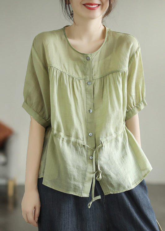 Green O-neck Patchwork Wrinkled Tie Waist Ramie Shirt Short Sleeve