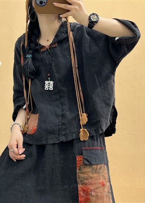 Coffee Hooded Patchwork Tops and Skirts Cotton Two Pieces Set Summer