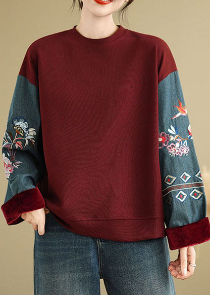 Loose Rust O Neck Embroidered Patchwork Cotton Tops Spring