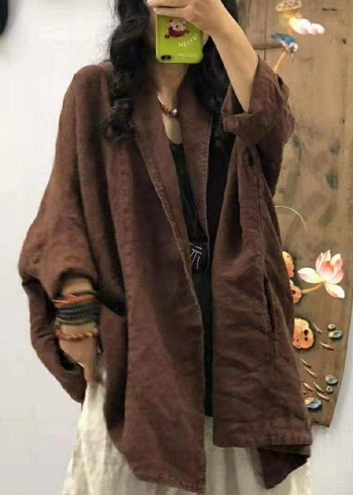 Loose Chocolate Pocket Peter Pan Collar Linen Coats Long Sleeve Fall