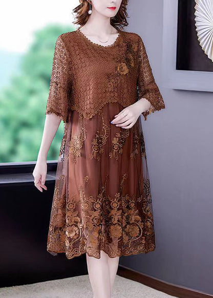 Brown O-neck Embroideried Lace Vacation Dresses Half Sleeve