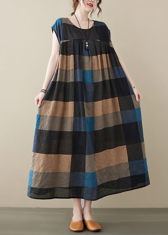 Stylish Black Plaid O-neck Linen Long Dresses Short Sleeve
