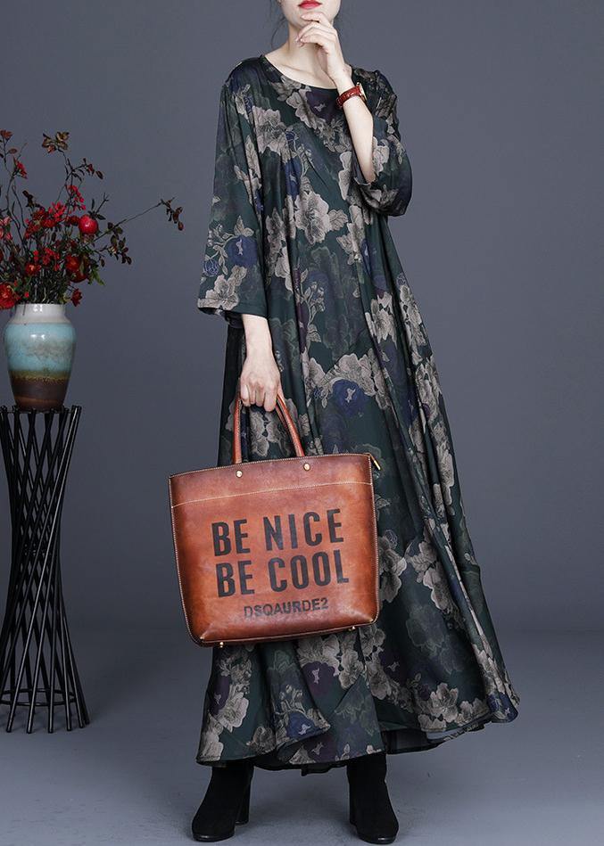 Green Print Silk Asymmetrical Design Mid Dress Summer