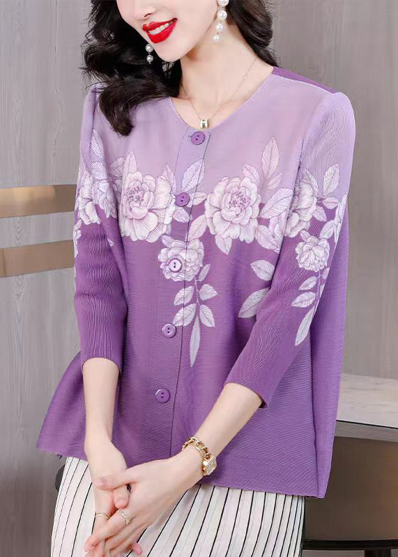 Purple O Neck Print Button Wrinkled Silk Blouses Fall