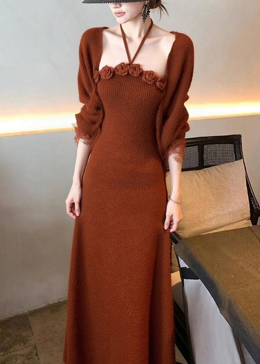 Art Brick Red Cotton Knit Cardigans and Long Dress Two Piece Set Fall