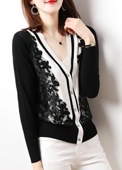 Black V Neck Tulle Patchwork Knit Tops Long Sleeve