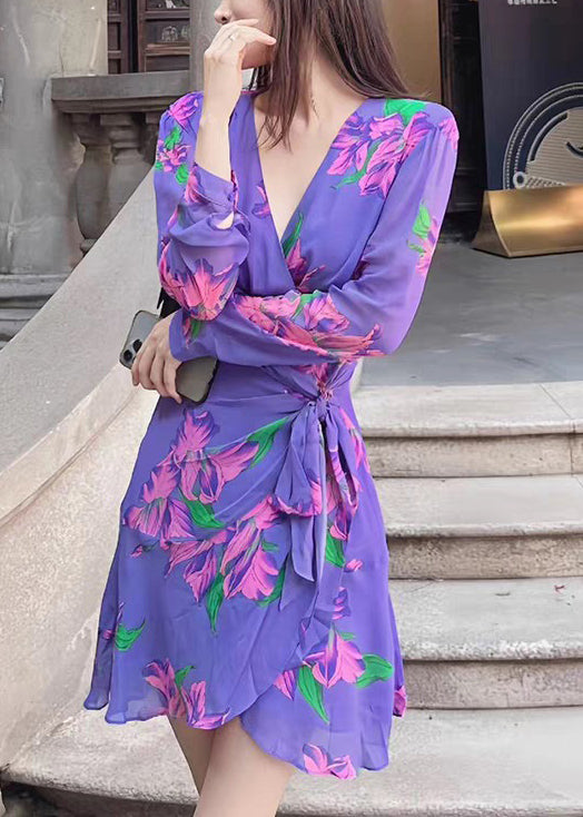 Purple V Neck Print Lace Up Chiffon Mid Dress Long Sleeve