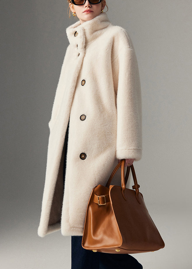 Beige Stand Collar Button Leather and Fur Coats Winter