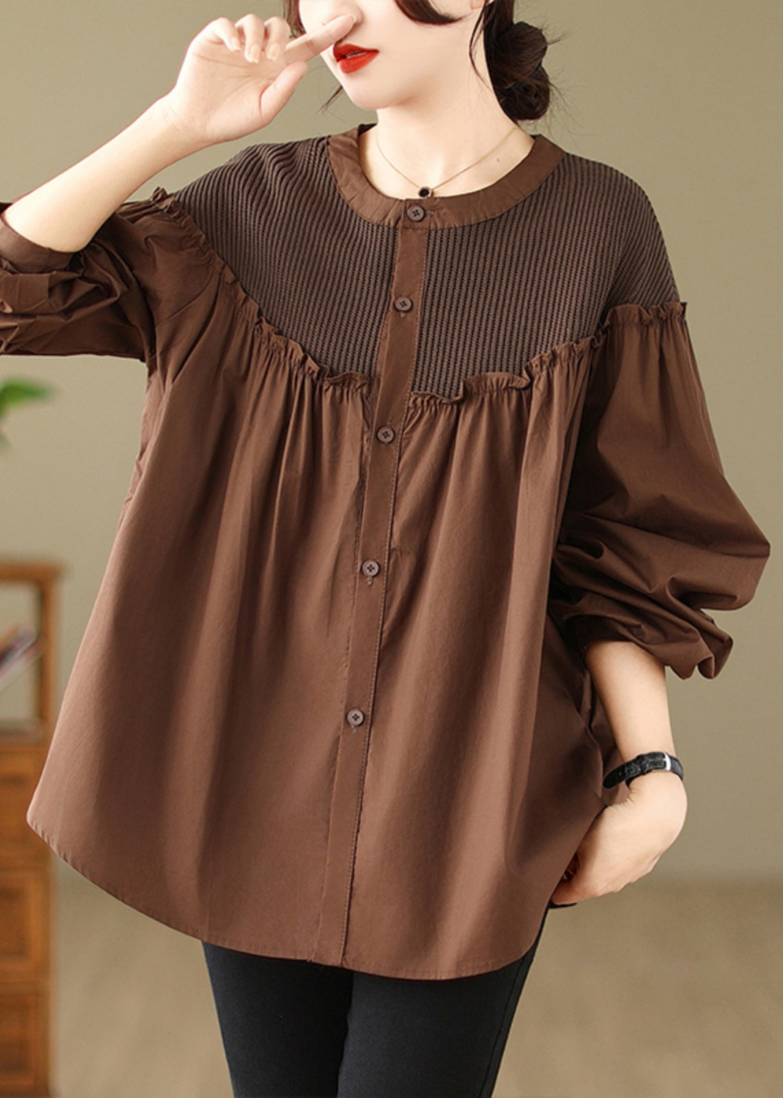 Coffee O-neck Wrinkled Shirts Long Sleeve
