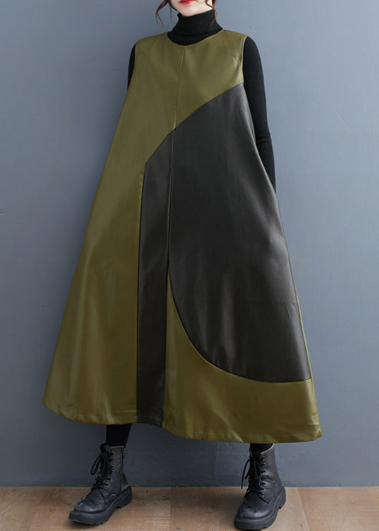 Army Green Asymmetrical Patchwork Faux Leather Long Dresses Sleeveless