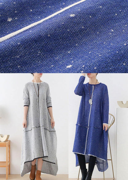 Blue O-neck Pockets Fall Knit Dress