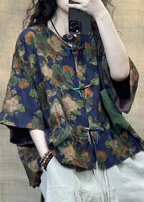Blue Button Print Linen Blouse Half Sleeve