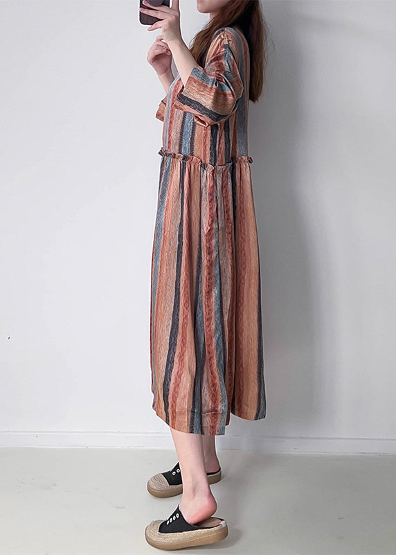 Orange Striped Patchwork Silk Cotto Long Dresses Long Sleeve