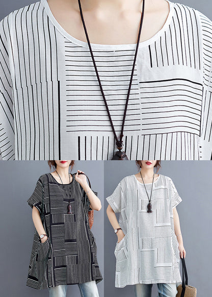 Black Striped Patchworklinen T Shirt Short Sleeve