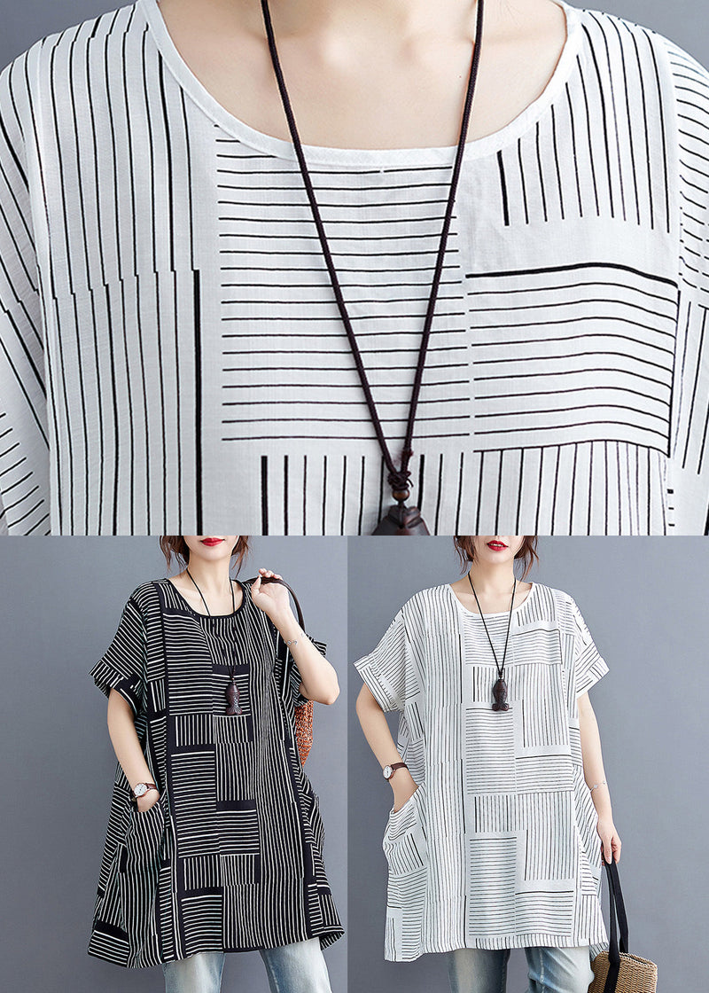Black Striped Patchworklinen T Shirt Short Sleeve